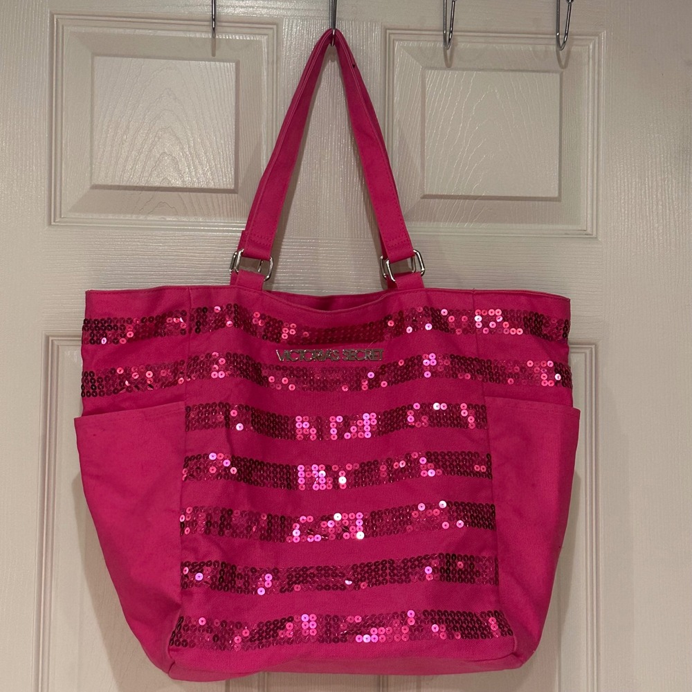 Victorias Secret Pink Sequin Stripe Canvas Tote Bag Shoulder Travel Beach Pink